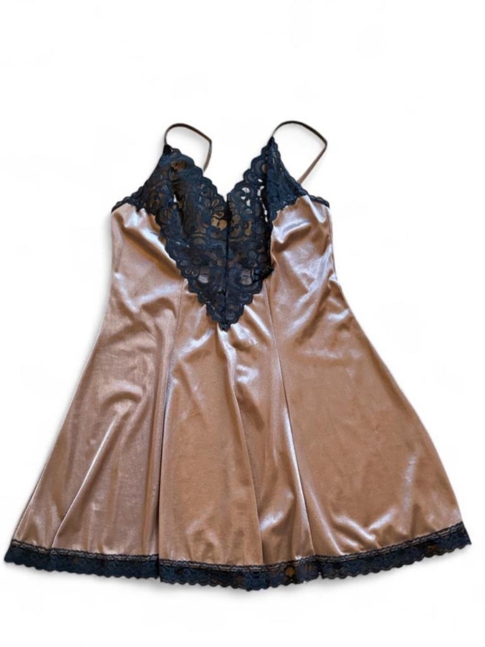 Silky Taupe Lace-Trim Slip Dress with Black Lace